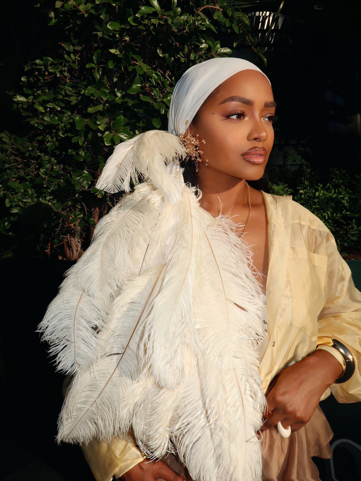 Noire Feather Headscarf- Cream