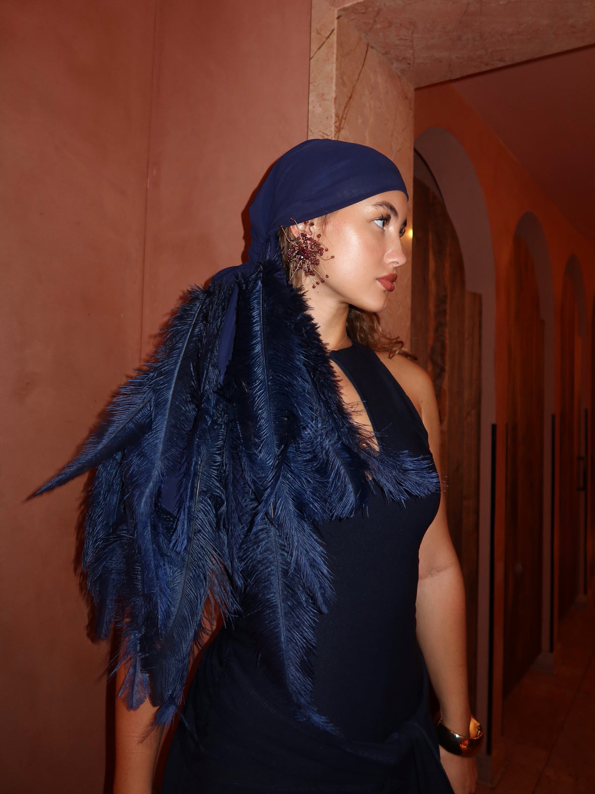 Noire Feather Headscarf- Navy