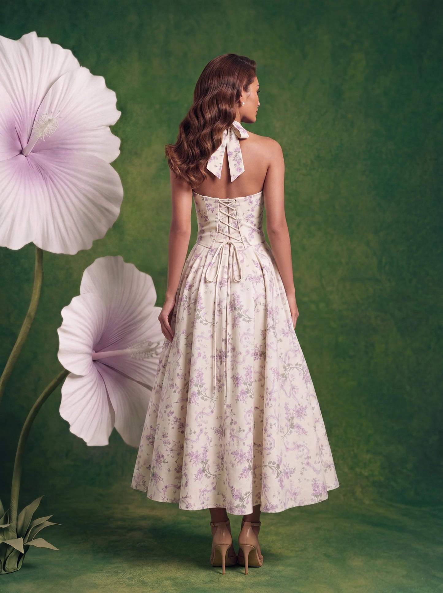 Back view of a cream and lavender floral halter midi dress featuring an adjustable lace-up corset back, open-back silhouette, and full flowing skirt. Styled with soft waves and neutral heels against a textured green backdrop with oversized floral props.