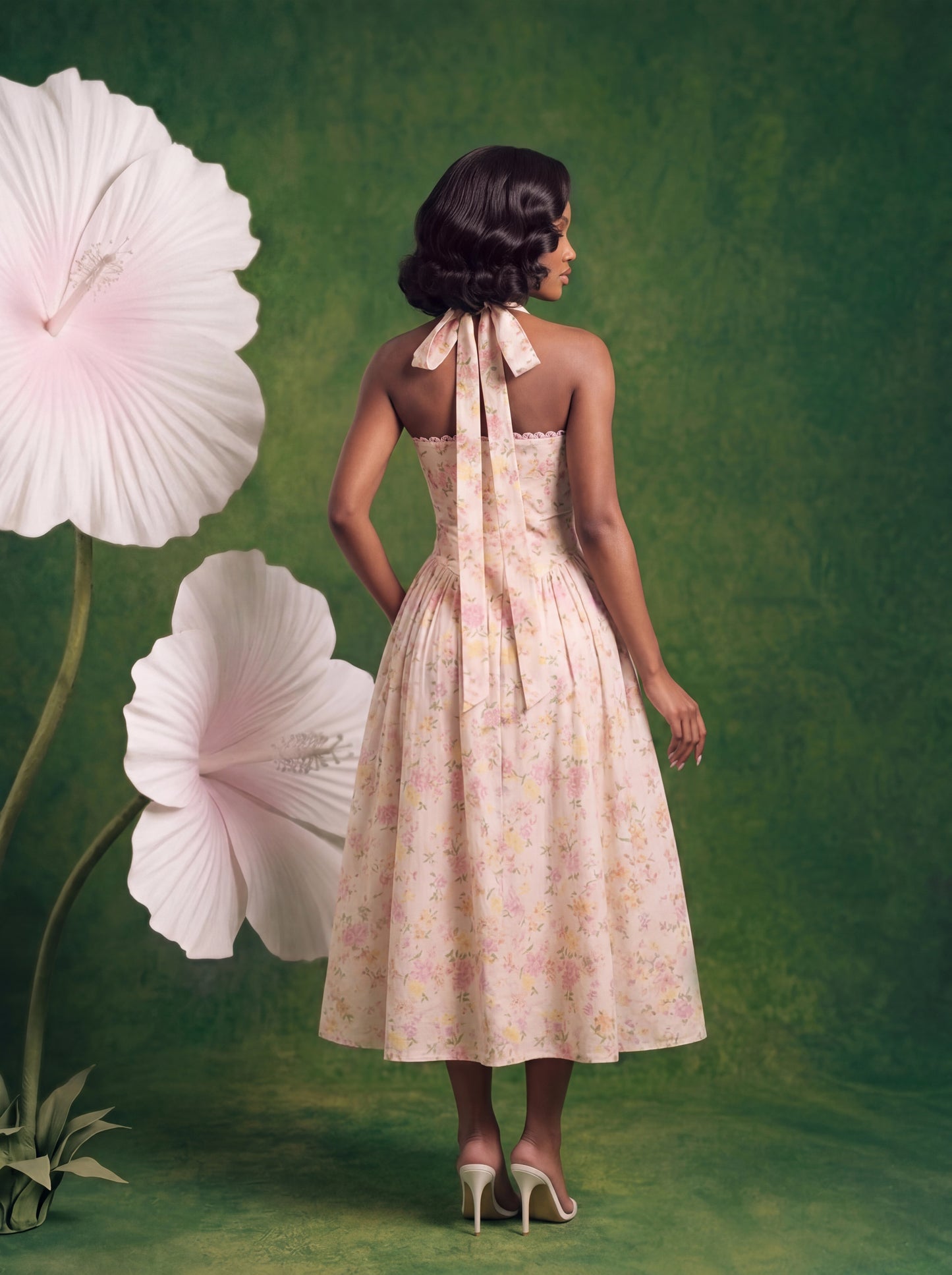 Back view of a soft pink floral halter midi dress featuring an elegant open-back silhouette with long self-tie halter straps and a flowing midi skirt. Styled with white heels against a textured green backdrop with oversized floral props.