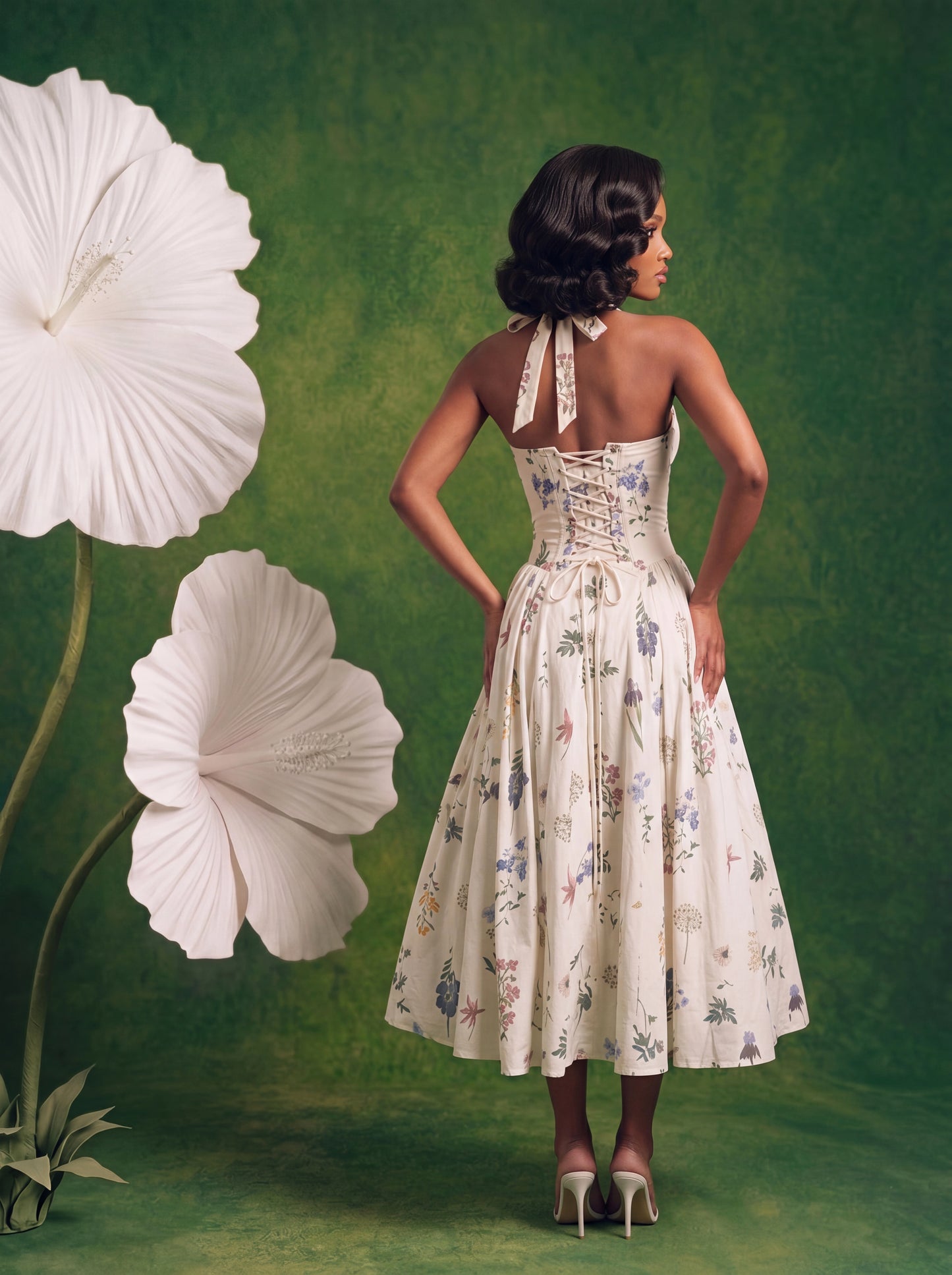 Rear view of a model wearing a cream floral halter midi dress with an open back and adjustable lace-up corset closure. The full gathered midi skirt falls below the knees and displays the same multicolored botanical print. The halter straps tie at the neck, and the model is wearing nude high heels while standing against a green backdrop with oversized white flowers.
