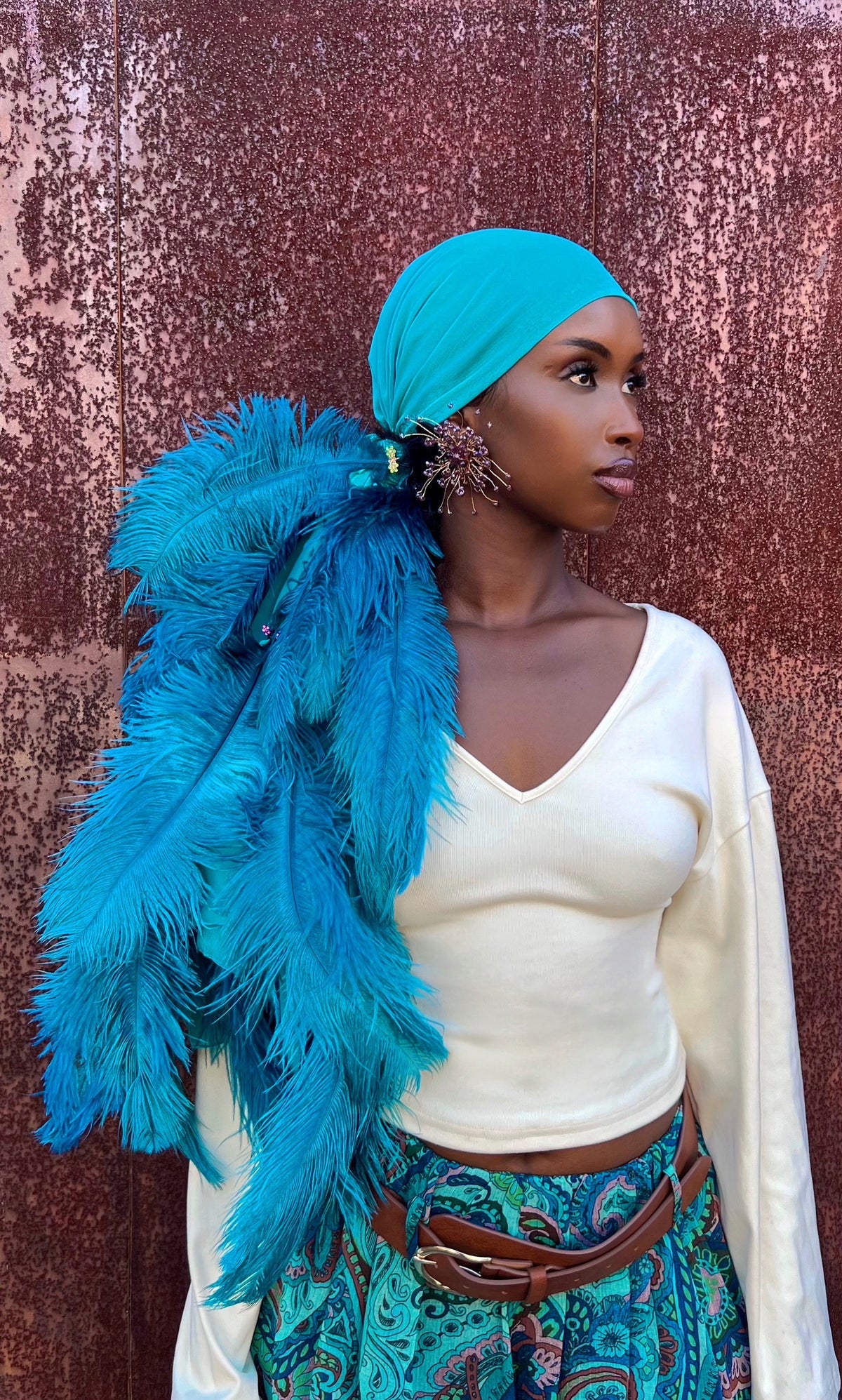 Noire Feather Headscarf- Turquoise