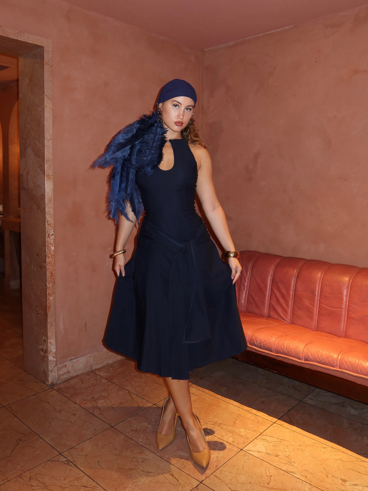 Noire Feather Headscarf- Navy