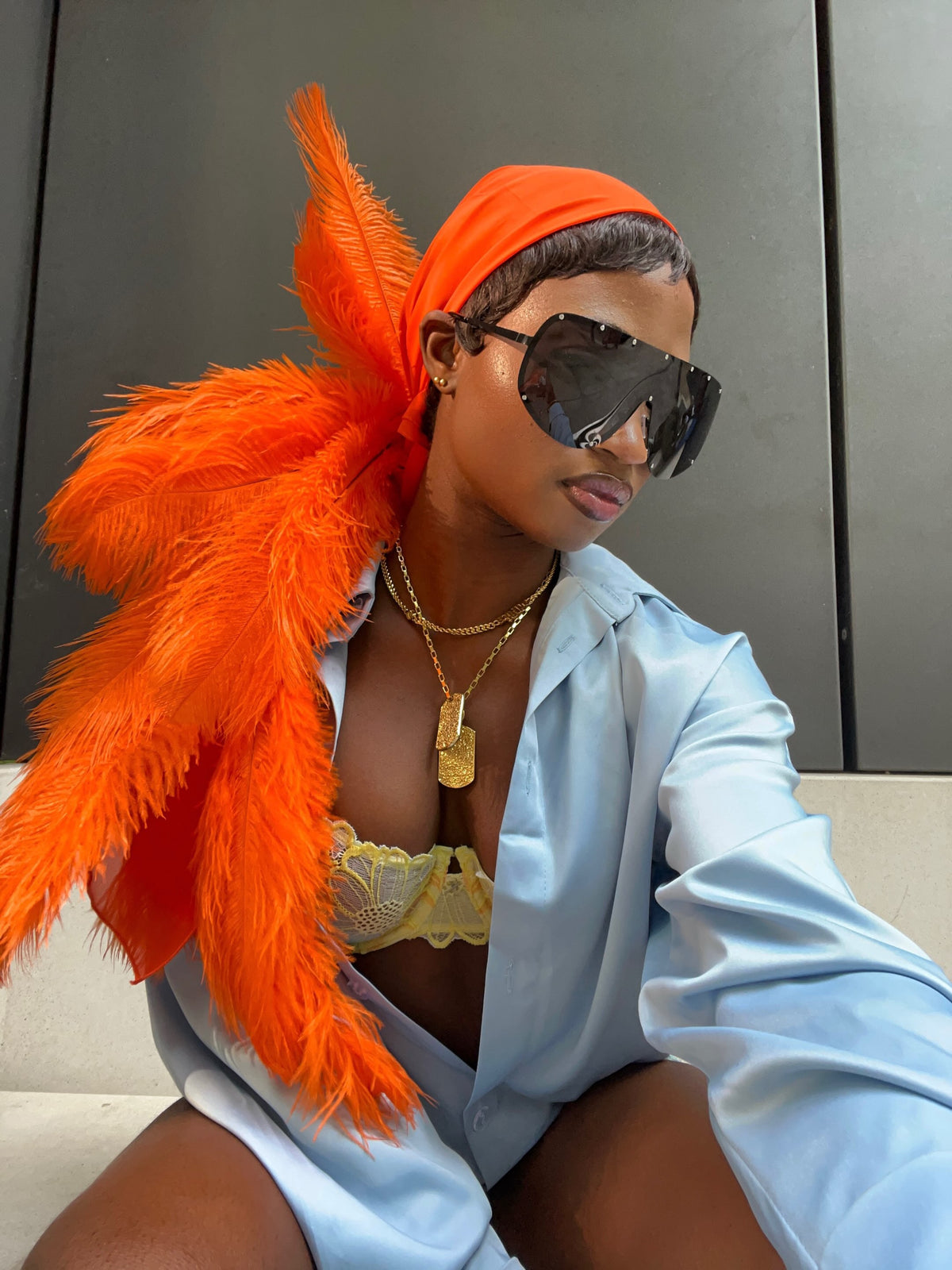 Noire Feather Headscarf- Orange
