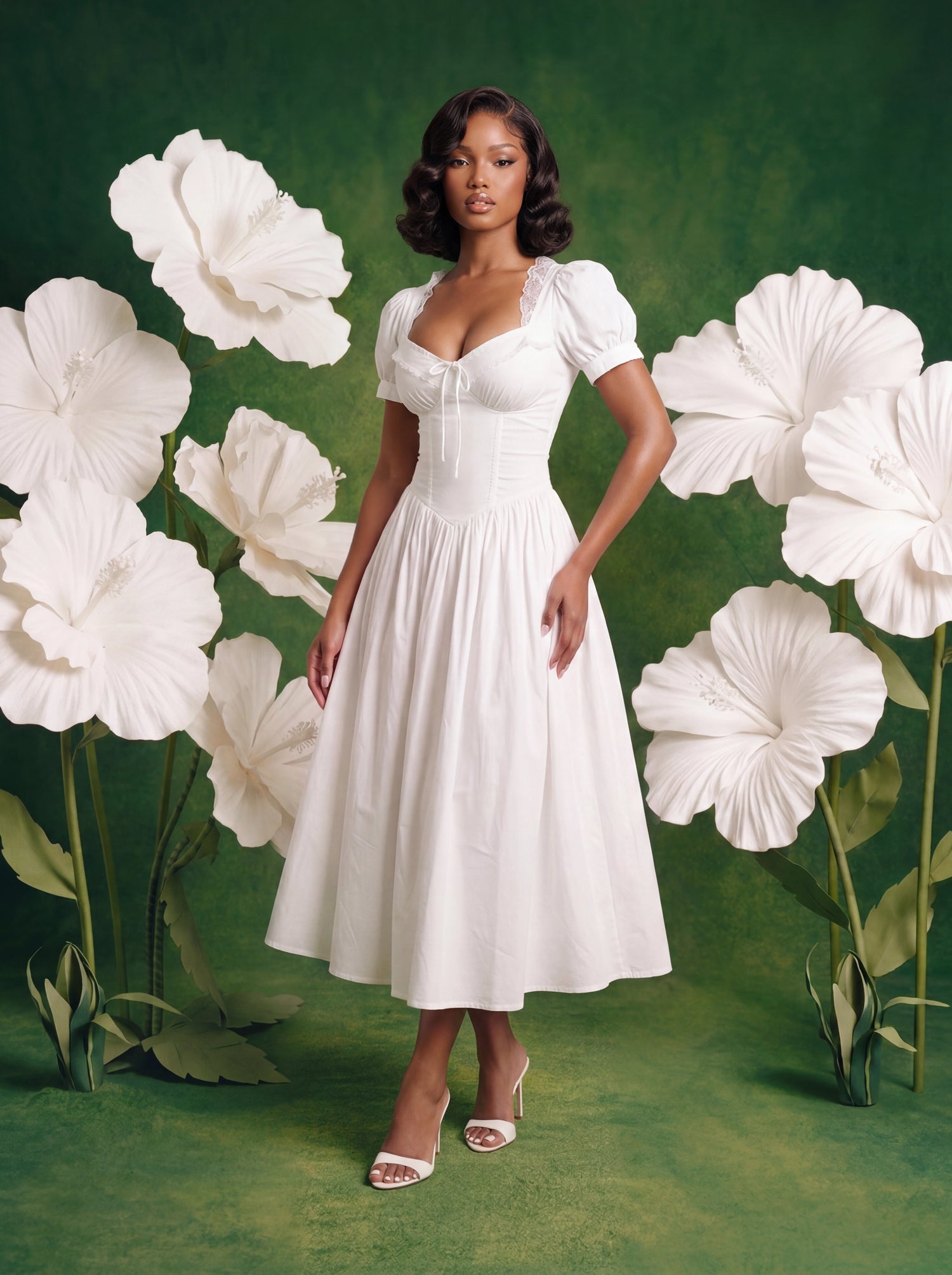 Model wearing a white midi dress featuring a structured corset-inspired bodice, sweetheart neckline with lace trim, delicate front tie detail, puff sleeves, and a flowing skirt. Styled against a rich green backdrop with oversized white floral props for a soft romantic aesthetic.