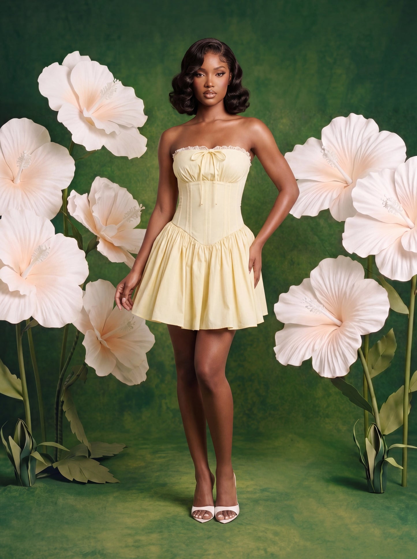 Model wearing a buttery yellow strapless corset mini dress with lace trim and flowy skirt standing in front of oversized soft cream flowers against a green backdrop.