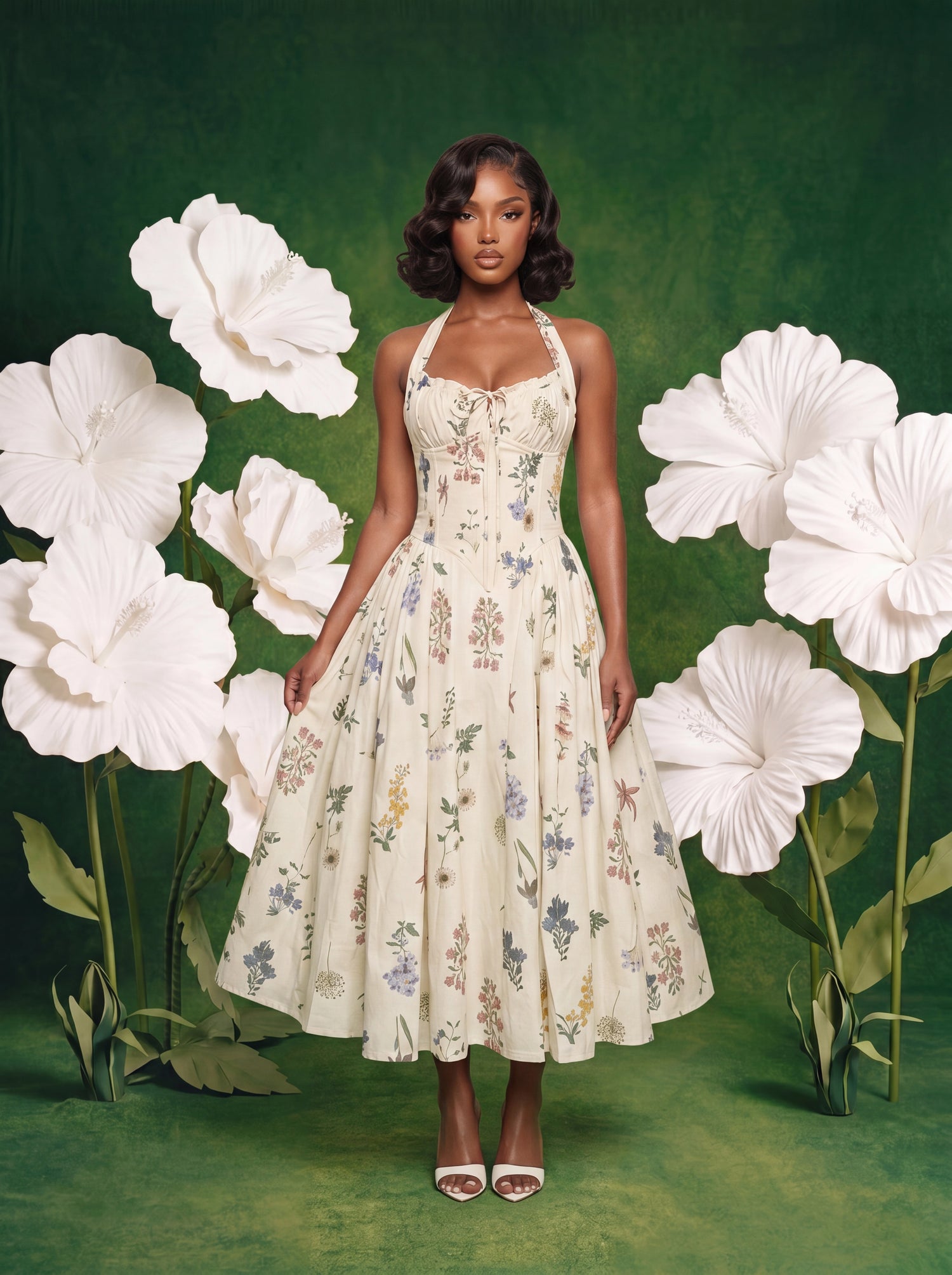 Model wearing a cream halter midi dress with a sweetheart neckline, fitted corset-style bodice, and full gathered skirt. The dress features a delicate multicolored floral print with blue, pink, yellow, and green botanical illustrations scattered throughout. She is standing facing forward in white open-toe heels against a green backdrop surrounded by oversized white flowers.