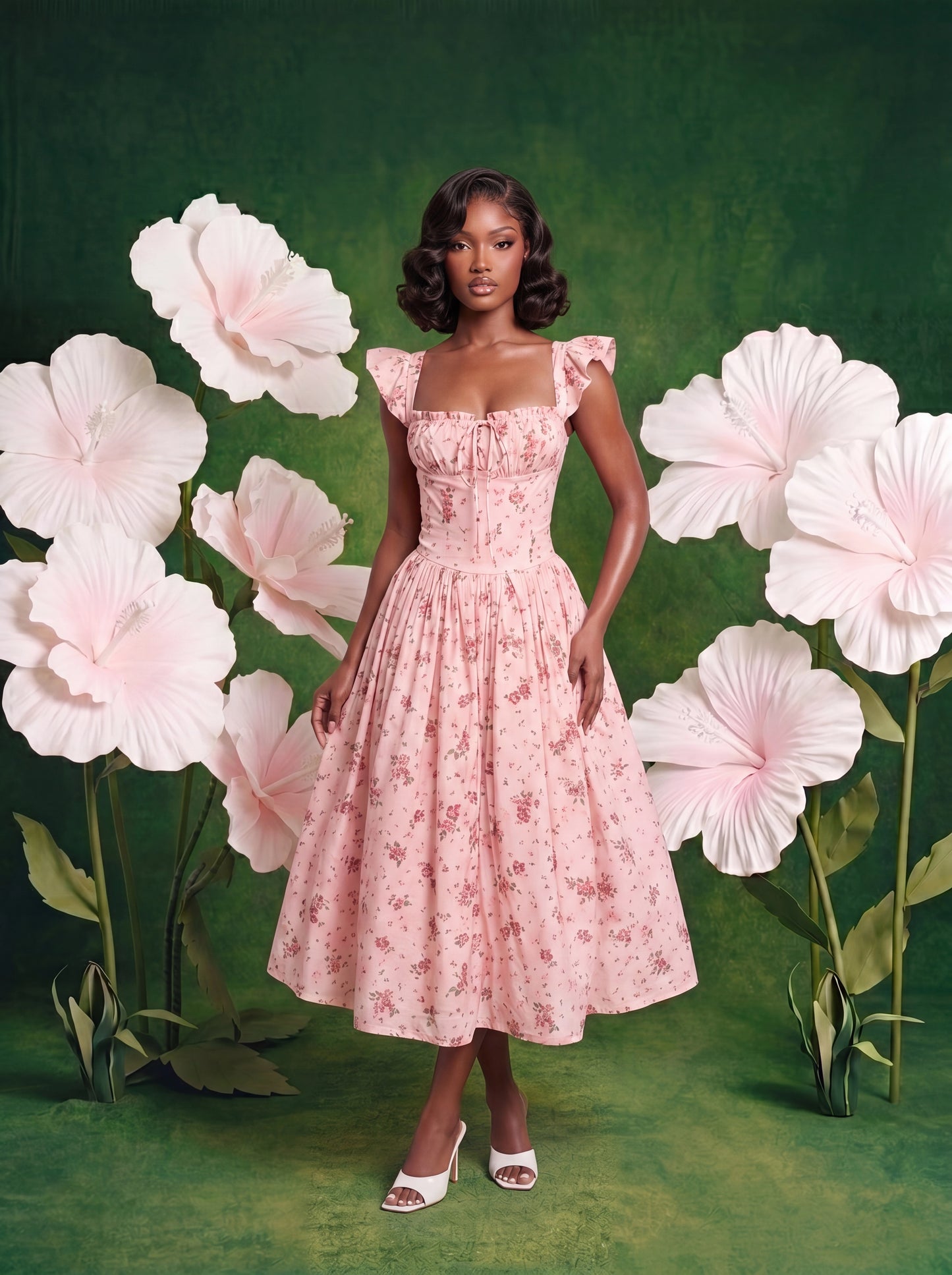 Model wearing a blush pink floral midi dress with a square neckline, ruffle shoulder straps, and a fitted corset-style bodice featuring a lace-up detail at the center front. The dress has a full gathered midi skirt with a delicate pink floral print throughout and is styled with white open-toe heels against a green backdrop with oversized blush and white flowers.