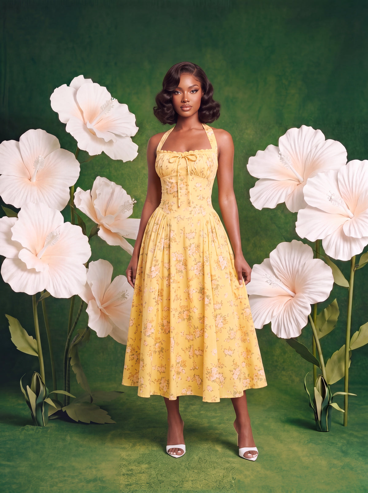 Model wearing a yellow floral-print midi dress featuring a fitted corset-style bodice, sweetheart neckline, adjustable halter straps, front bow detail, and a flowing pleated skirt. Styled with white heels against a green backdrop surrounded by oversized white hibiscus flowers.