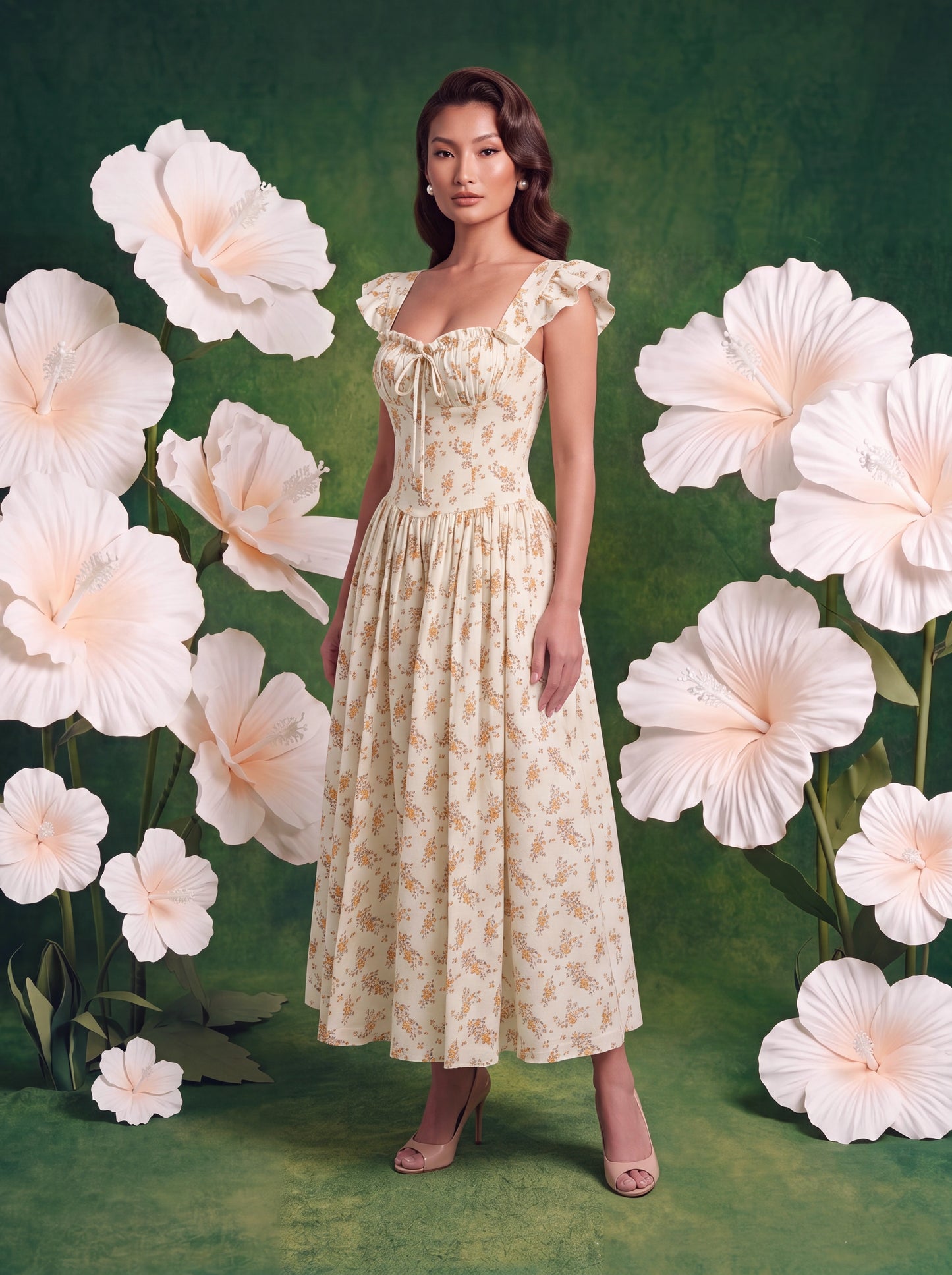 A woman models a cream midi dress with a delicate yellow floral print against a green studio backdrop surrounded by oversized white hibiscus flowers. The dress features flutter sleeves, a gathered sweetheart neckline with an adjustable front tie, a fitted bodice, and a flowing A-line skirt that falls below the knee. She pairs the look with nude peep-toe heels and pearl earrings for a soft, romantic garden-inspired aesthetic.