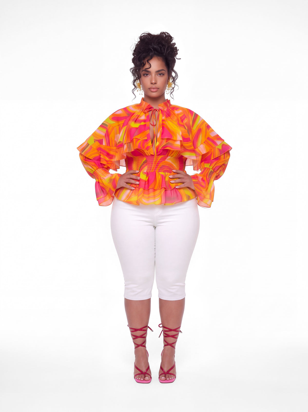 Vera Floral Top (CURVE) - Orange/Pink