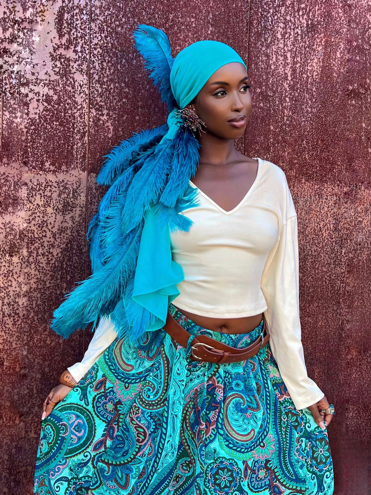 Noire Feather Headscarf- Turquoise