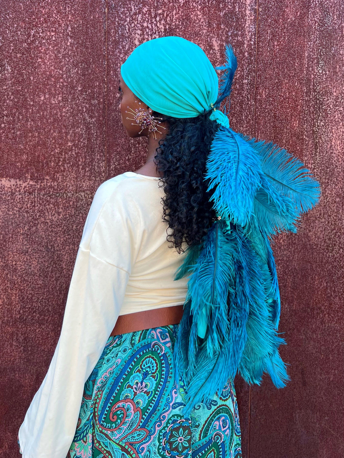 Noire Feather Headscarf- Turquoise