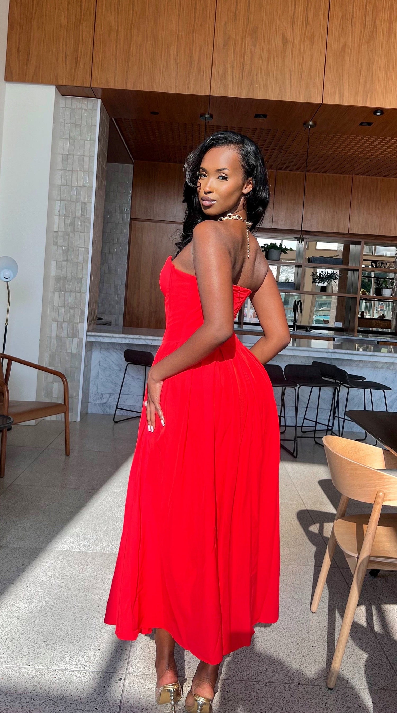 Casual Red Fit And Flare Midi Dress Red Satin Midi Dress: V-neck Fit Flare Party Casual Red Fit And Flare Midi Dress Red Satin Midi Dress: V-neck Fit Flare Party