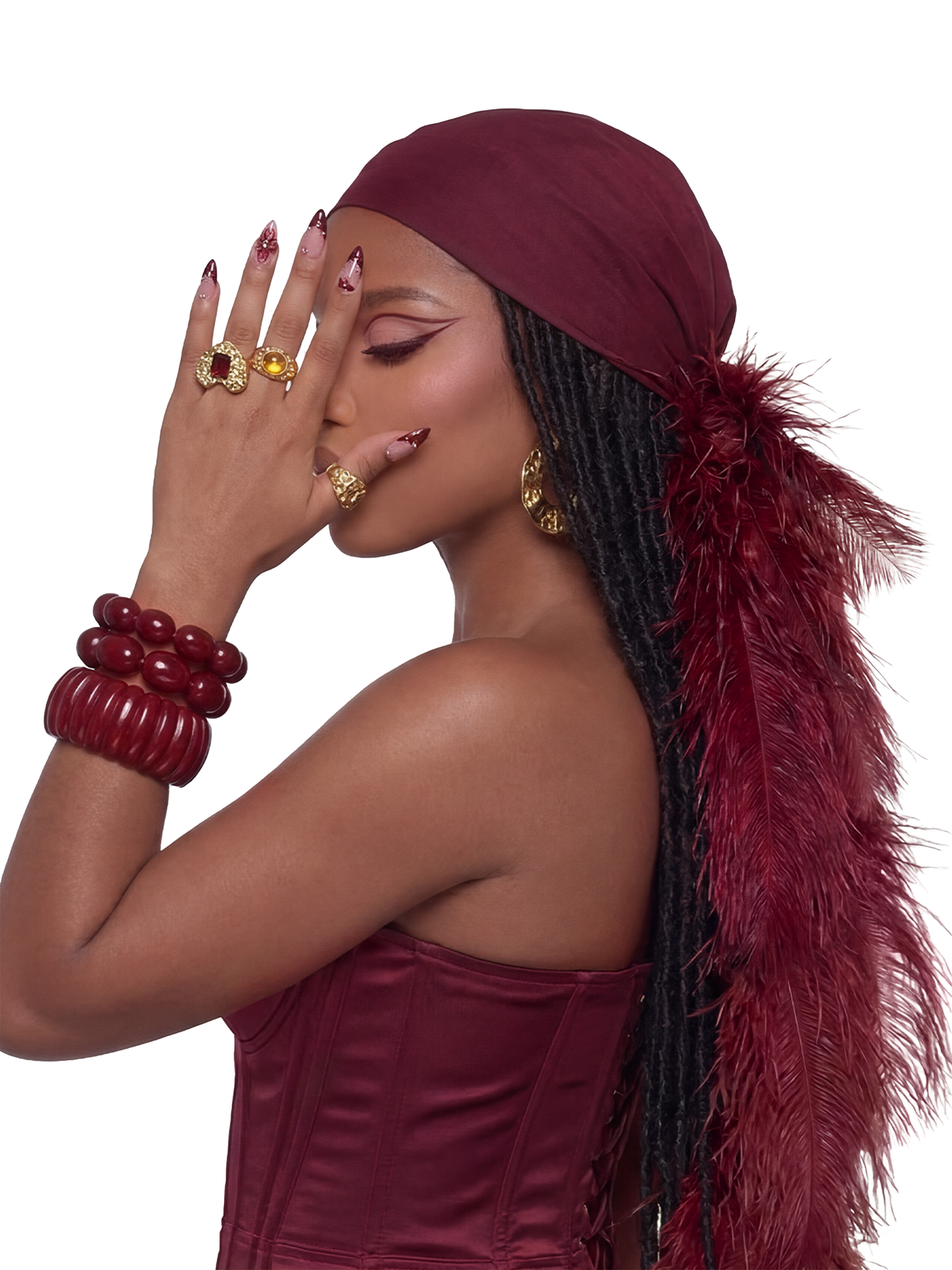 Noire Feather Headscarfs- Burgundy