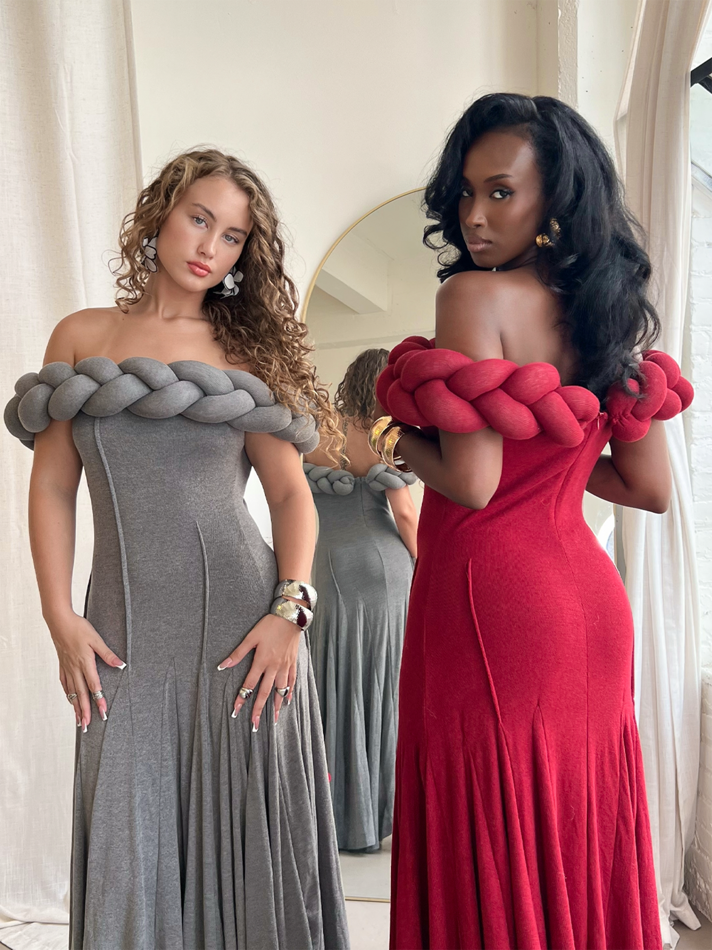grey red dress Grey Floral Puff Sleeve Midi Dress - All Dresses