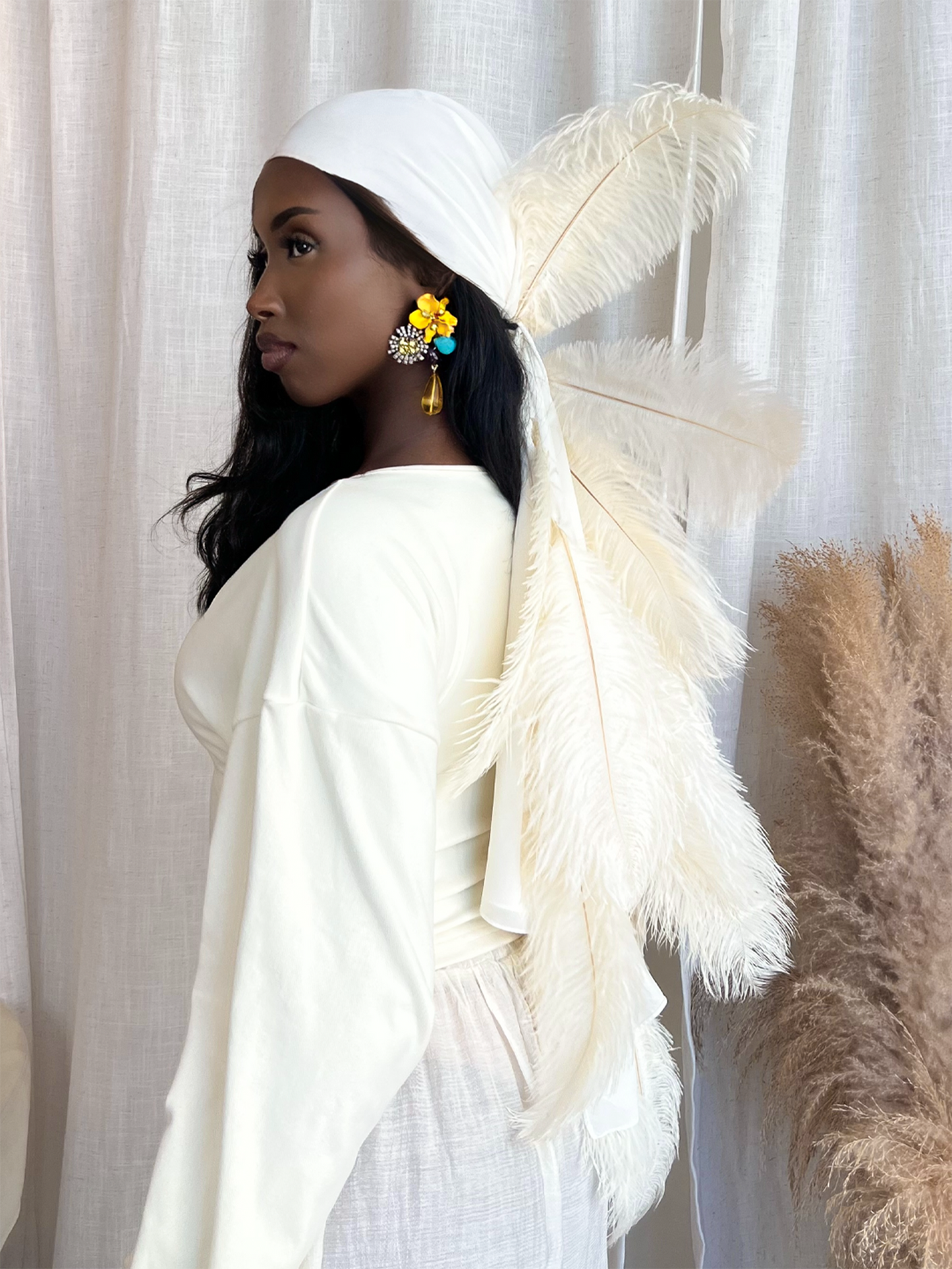 Noire Feather Headscarf- Cream - Preorder
