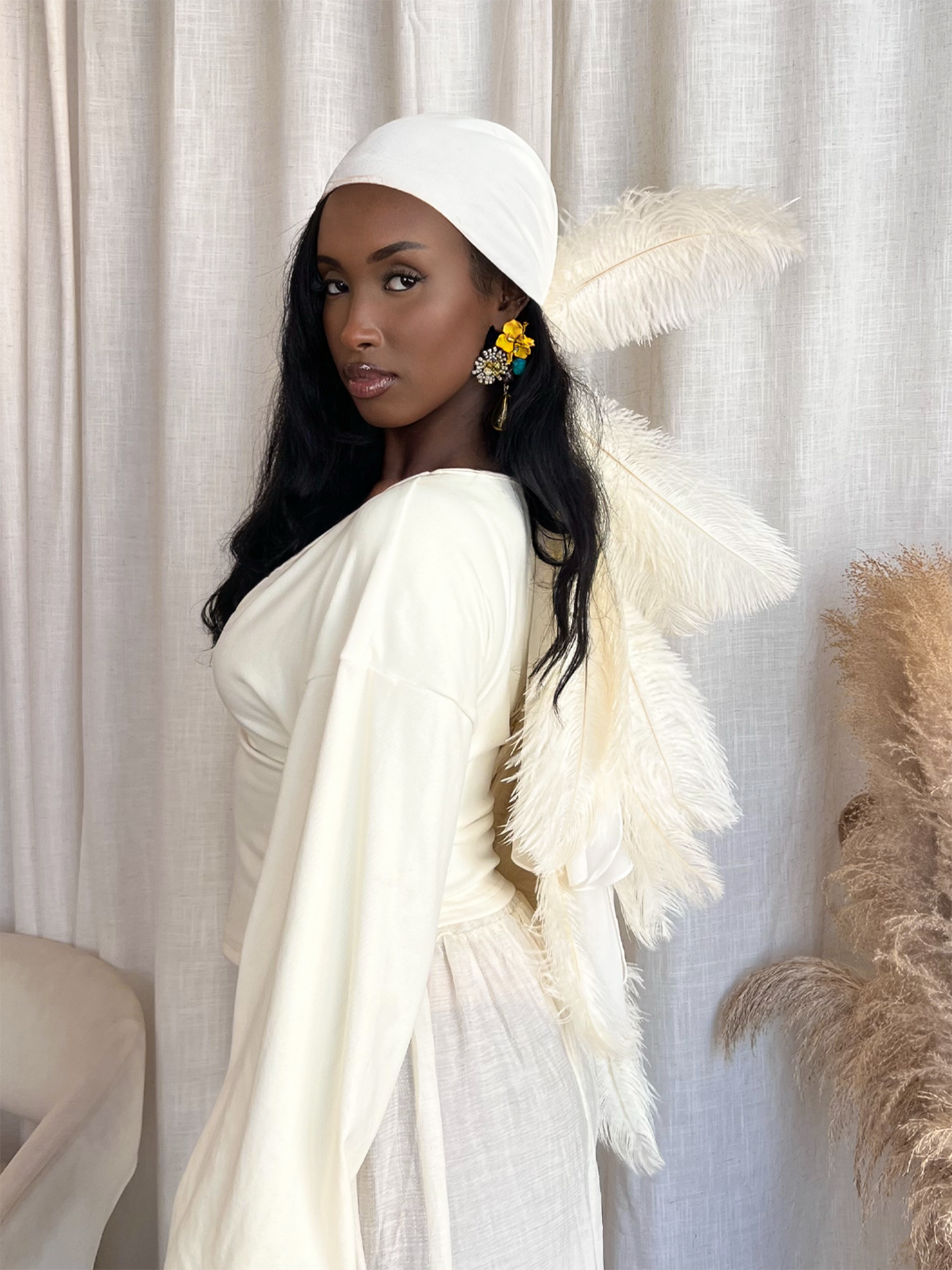 Noire Feather Headscarf- Cream - Preorder