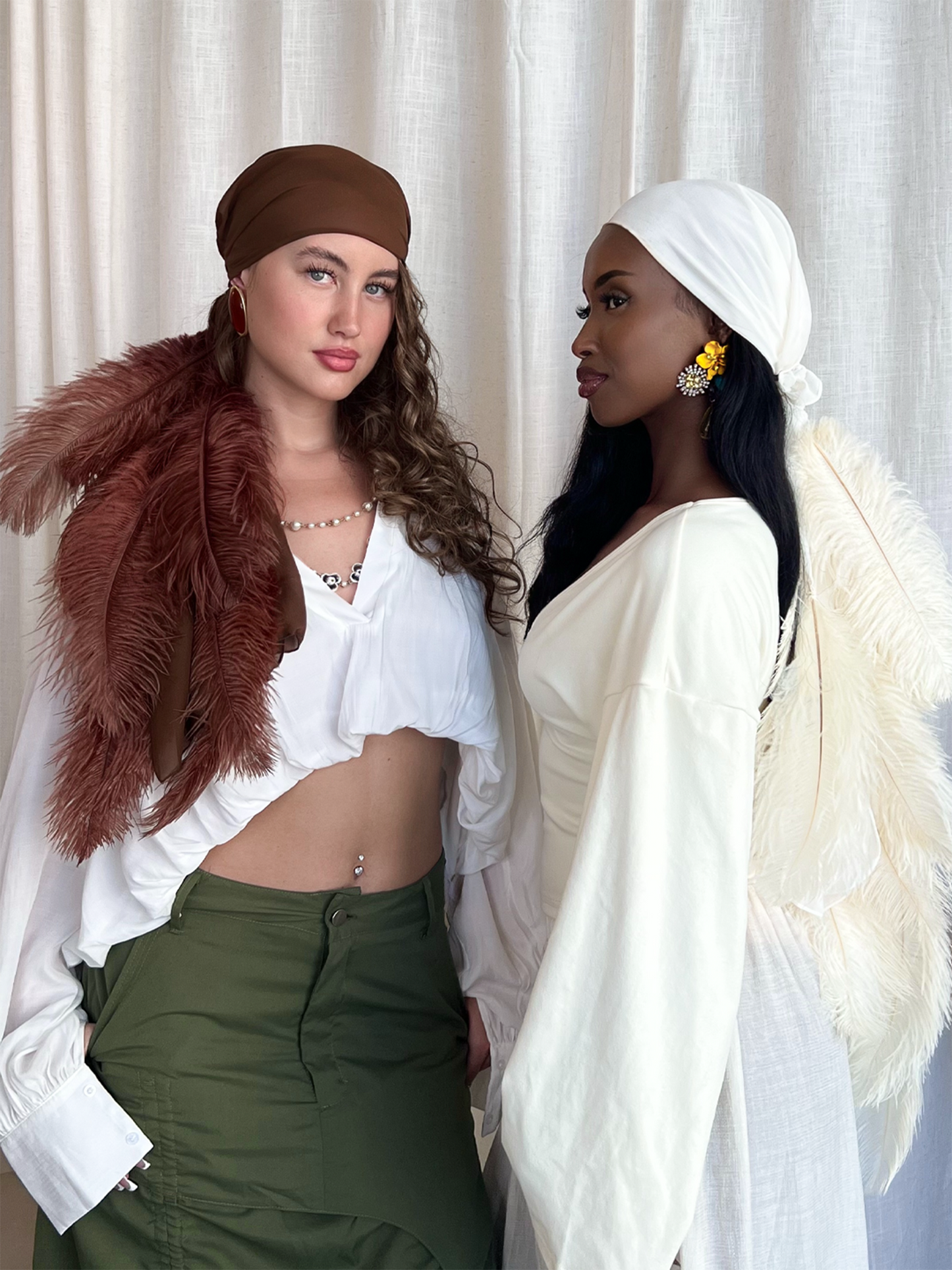 Noire Feather Headscarf- Cream - Preorder