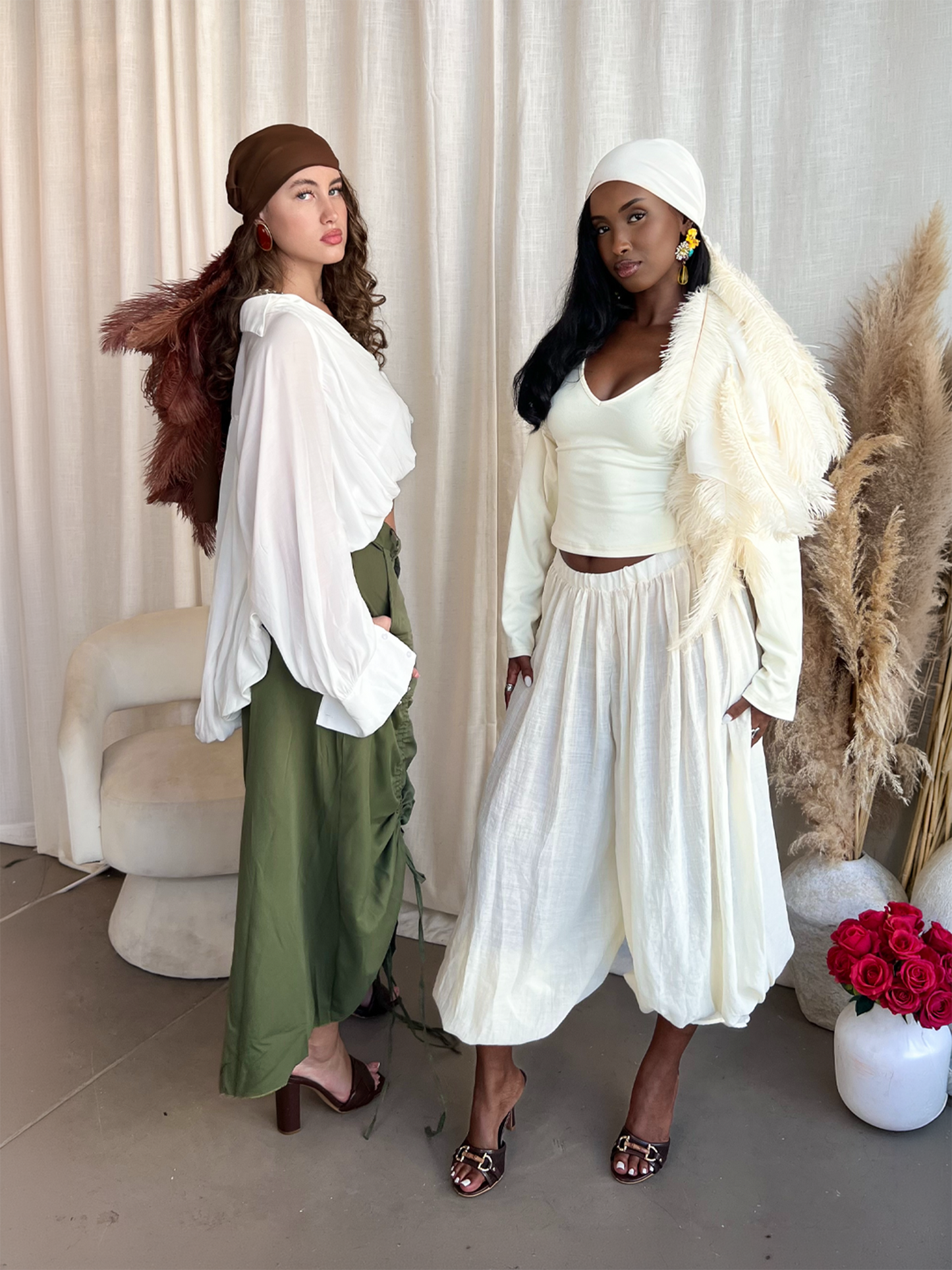 Noire Feather Headscarf- Cream - Preorder