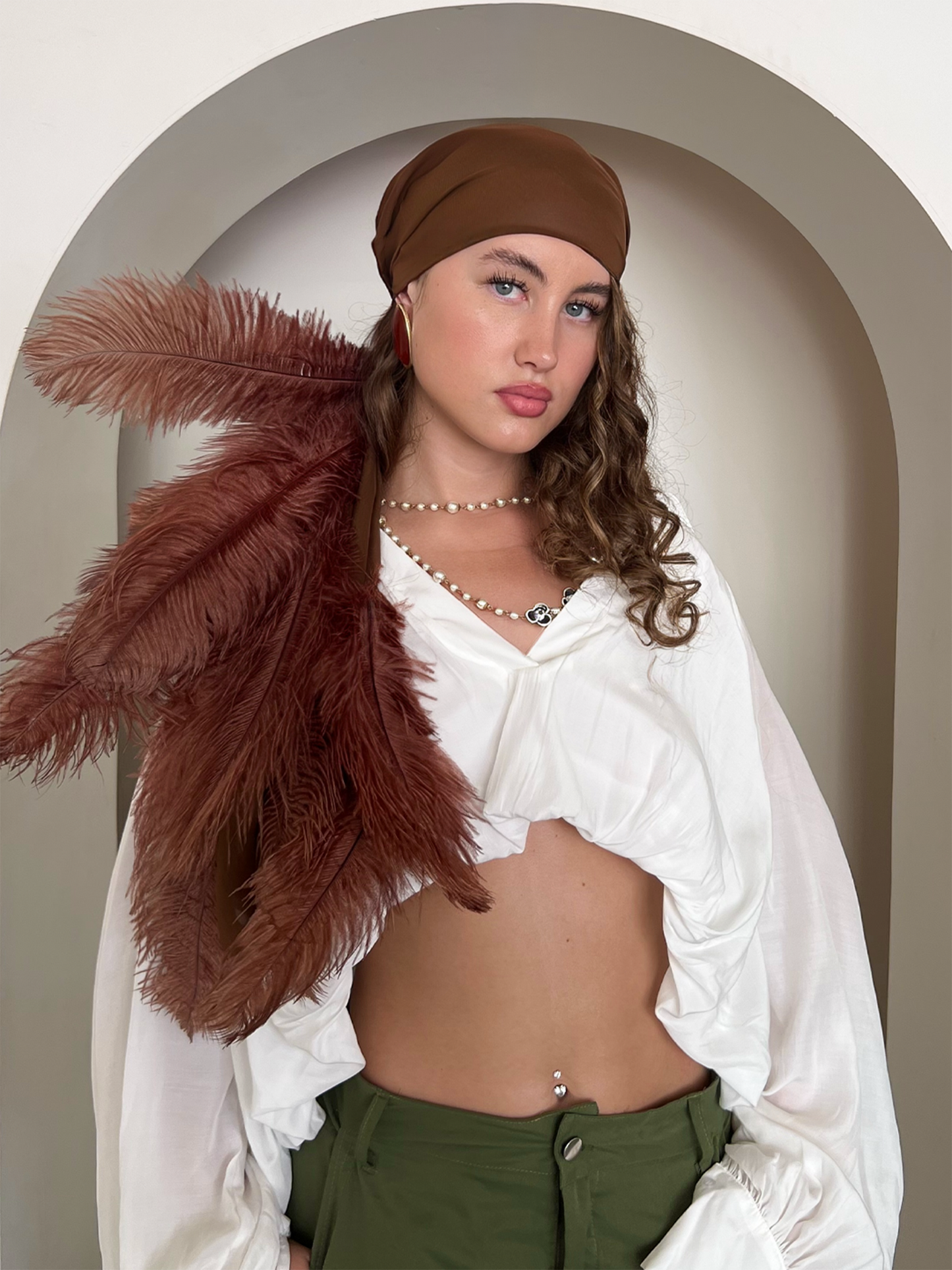 Noire Feather Headscarf- Brown