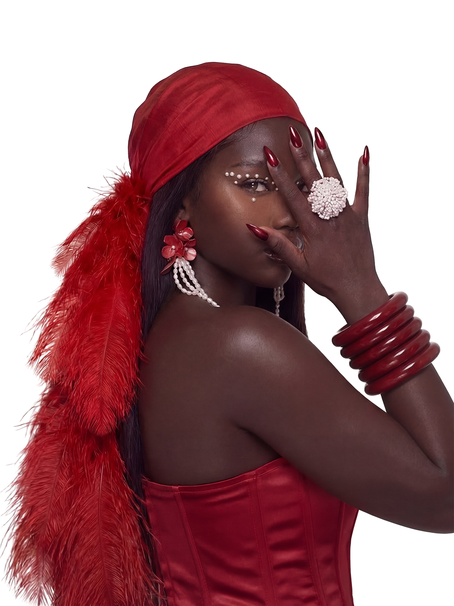 Noire Feather Headscarf- Red