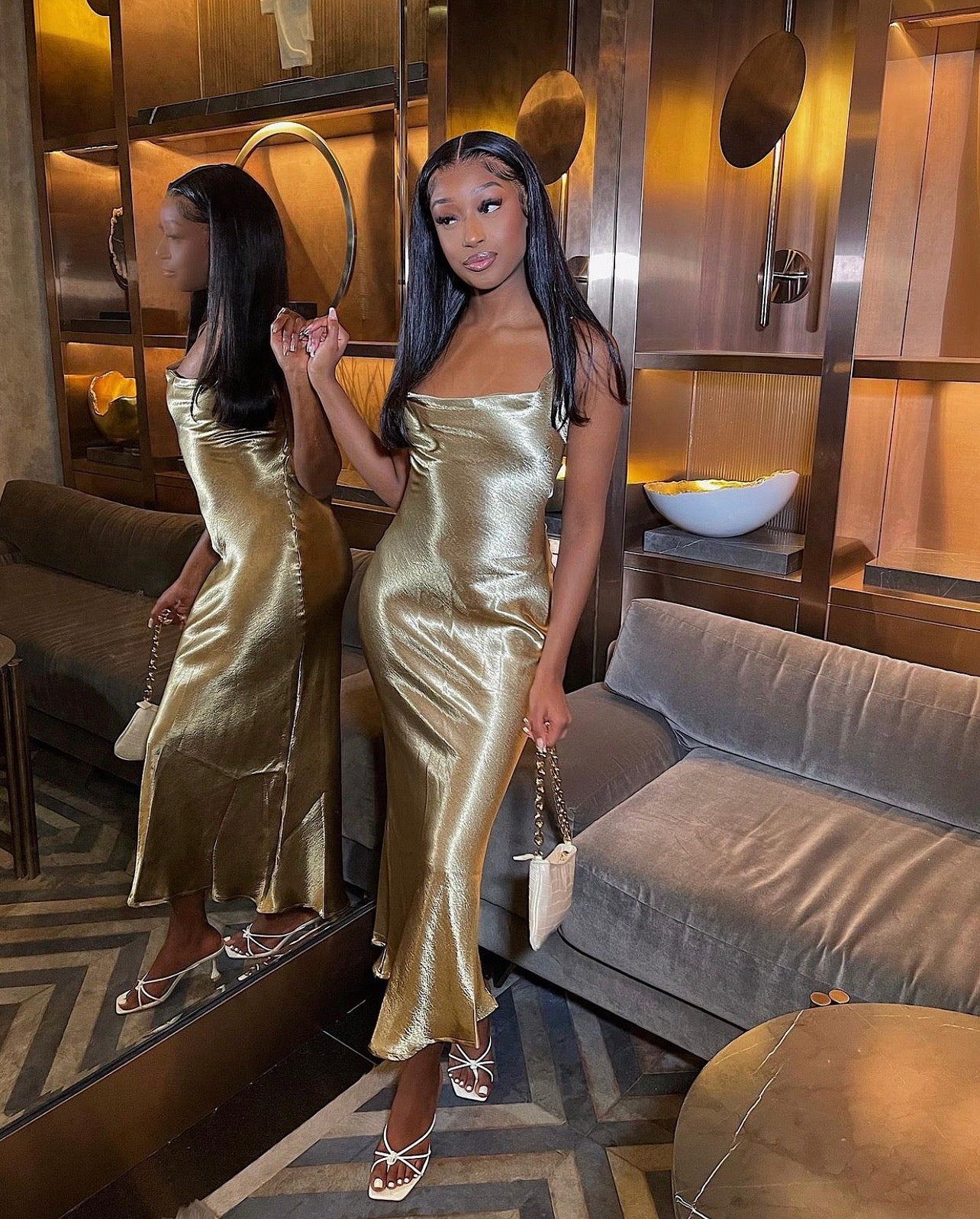 Naomi Satin Dress- Gold XS Naomi Satin Dress- Gold XS
