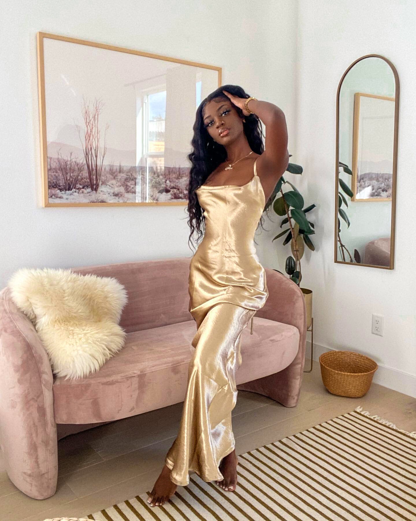 Naomi Satin Dress- Gold – Pink Plastic